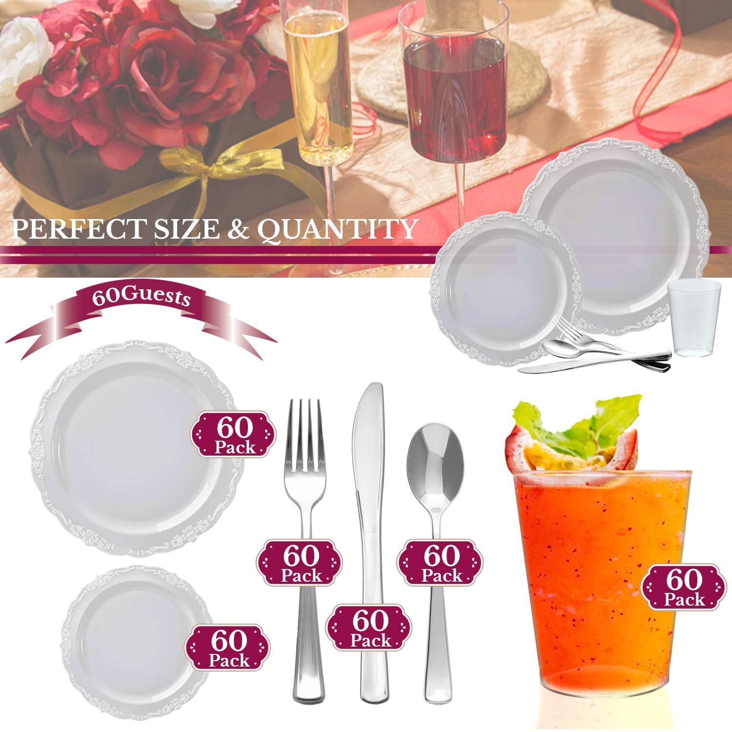 Elegant Disposable Plastic Plates for Party, Wedding & Events - Clear Plastic Dinnerware Set for 60 Guests - Perfect for Birthday, BBQ, Picnic & Catering