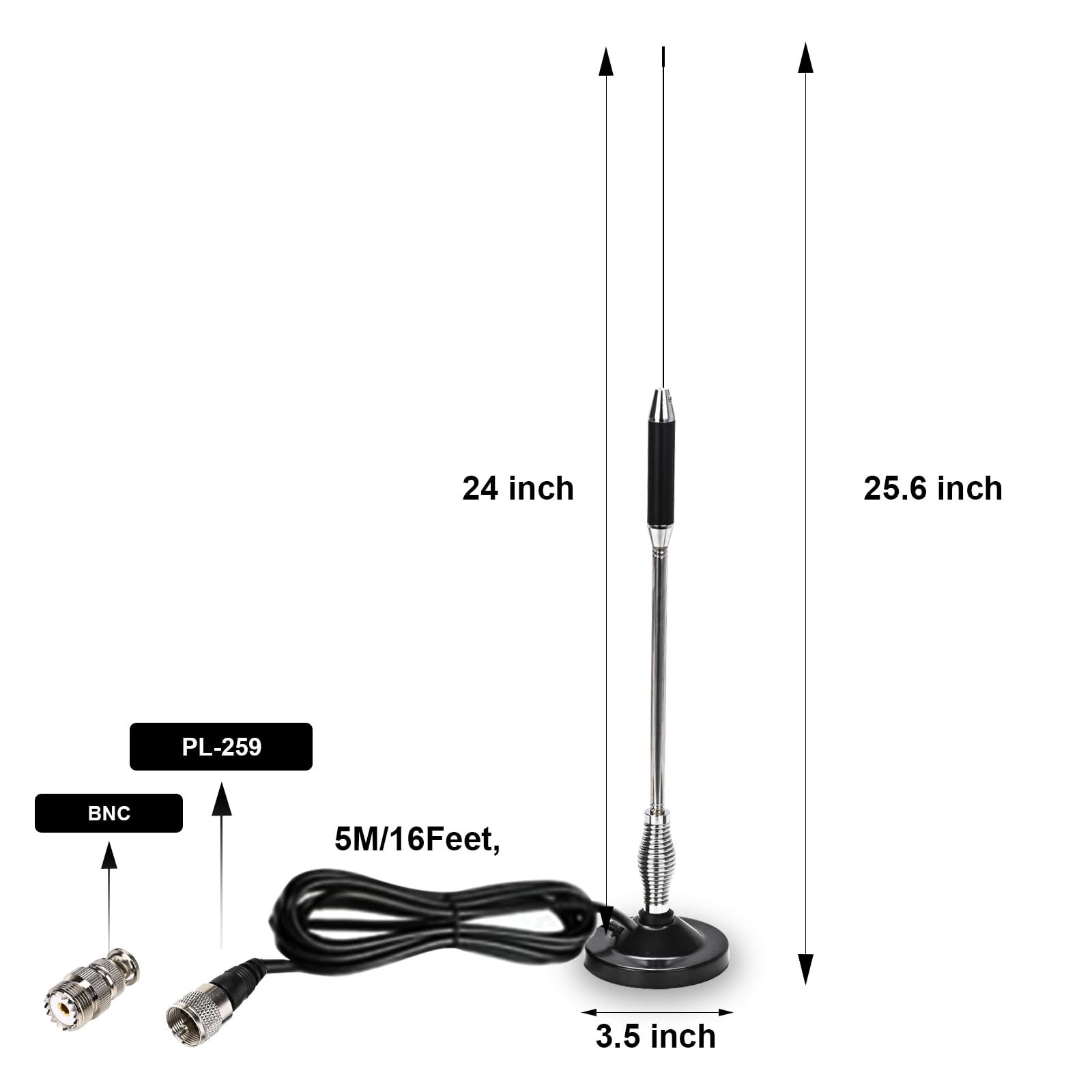 27MHz CB Radio Antenna 27 Inch - BNC Connector & Magnetic Base Compatible with President, Midland, Cobra, Uniden, Anytone Truck Radios - Durable Car Antenna for Long Range Communication on Highways & Off-Road Adventures