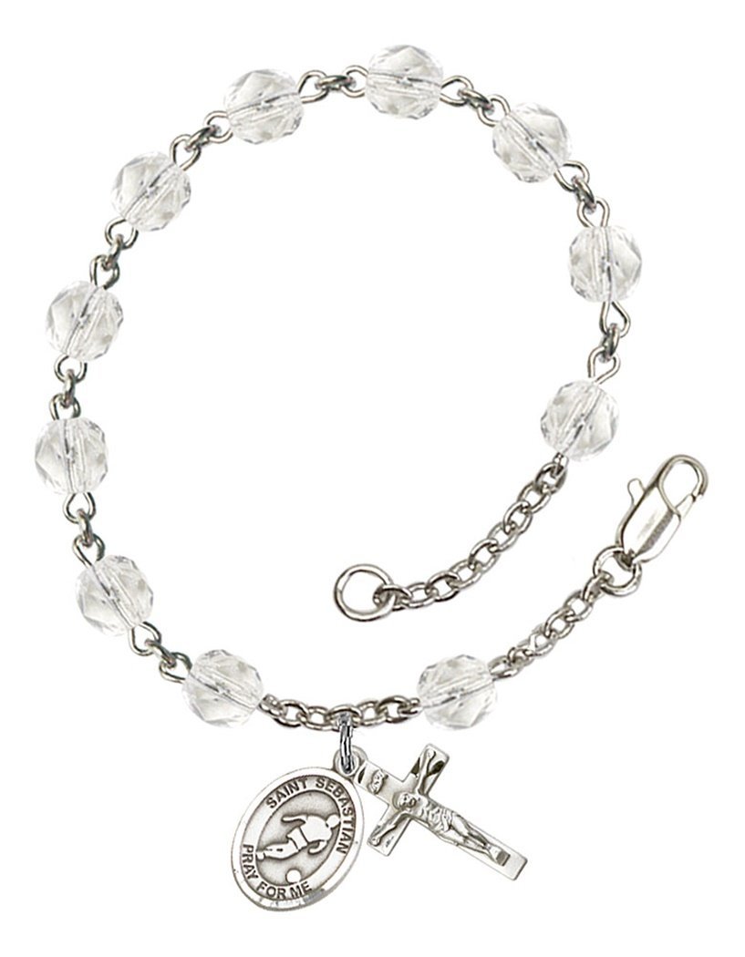 April Birthstone Beaded Rosary Bracelet with St. Sebastian Soccer Charm - 7.5 Inch Catholic Prayer Jewelry for Women, Girls | Perfect Gift for Baptism, First Communion & Soccer Players