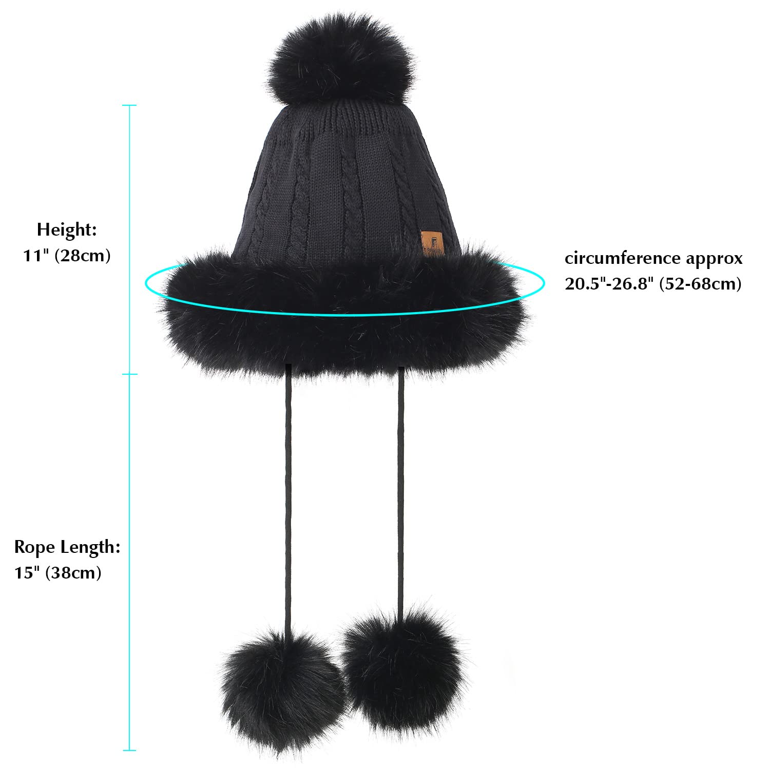 PINKGIRL Women's Faux Fur Winter Knit Beanie Hat with Ear Flaps - Fleece Lined Warm Skull Cap with Pom Pom for Skiing, Snowboarding & Outdoor Activities