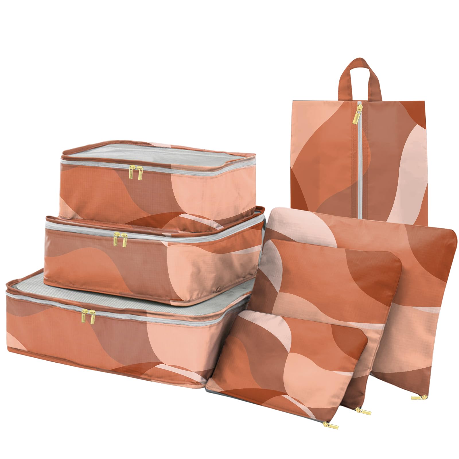 7-Piece Travel Packing Cubes Set - Luggage Organizers with Shoe Bag for Women | Aesthetic Wave & Leaf Design in Red/Brown | Perfect for Vacation, Business Trips & Weekend Getaways