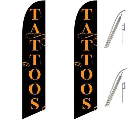 Black & Orange Graphic Text Two Full Sleeve Swooper Flags with Poles & Spikes - Perfect for Tattoo Shops, Motorcycle Clubs, and Patriotic Decorations