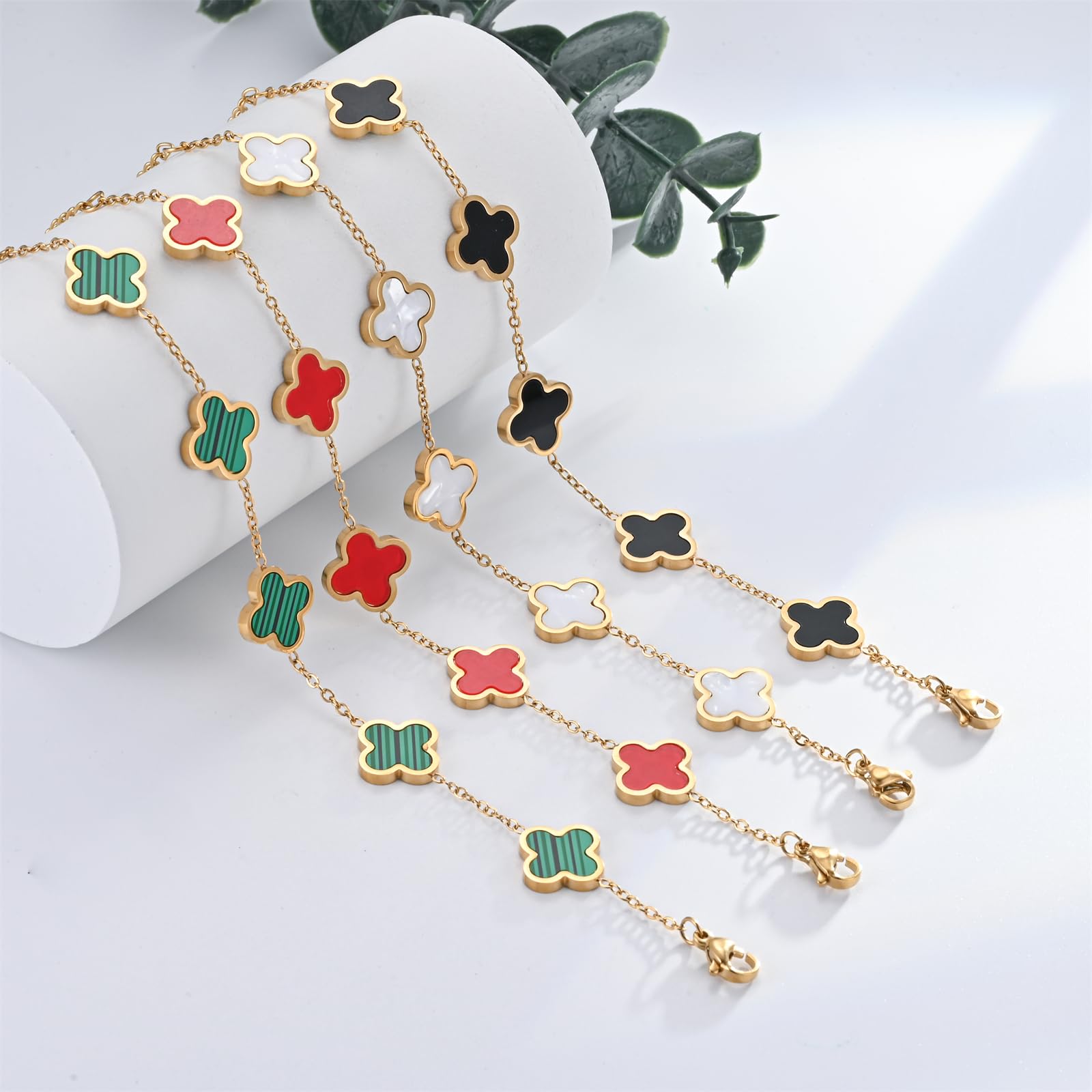 Lucky Clover Bracelet for Women - 18K Gold Plated 4 Leaf Clover Charm Bracelet in Black, White, Green & Red | Stylish Fashion Jewelry Gift for Her | Perfect for St. Patrick's Day, Birthday & Everyday Wear