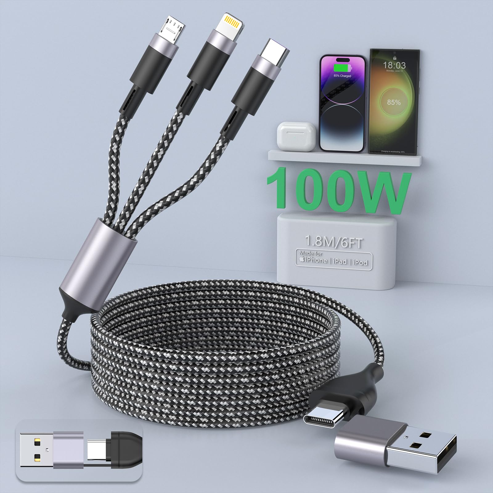 100W USB C to Multi Charging Cable 6FT - 6A PD Fast Charger with 5-in-1 Braided Design (Type C/Micro USB/Lightning) - Universal Sync Charging Cable for iPhone 15/14, Samsung Galaxy, iPad, MacBook - Perfect for Home, Office & Travel Accessories