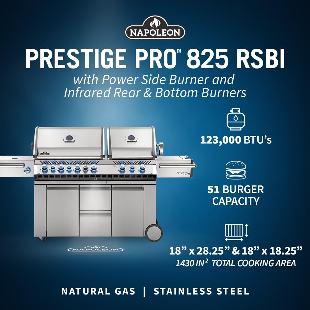 Napoleon PRO825RSBINSS-3 Prestige PRO 825 RSBI Natural Gas Grill with 825 sq.in. Cooking Space, Infrared Rear & Bottom Burner, Stainless Steel Construction - Perfect for Backyard BBQs, Outdoor Entertaining & Grilling Enthusiasts
