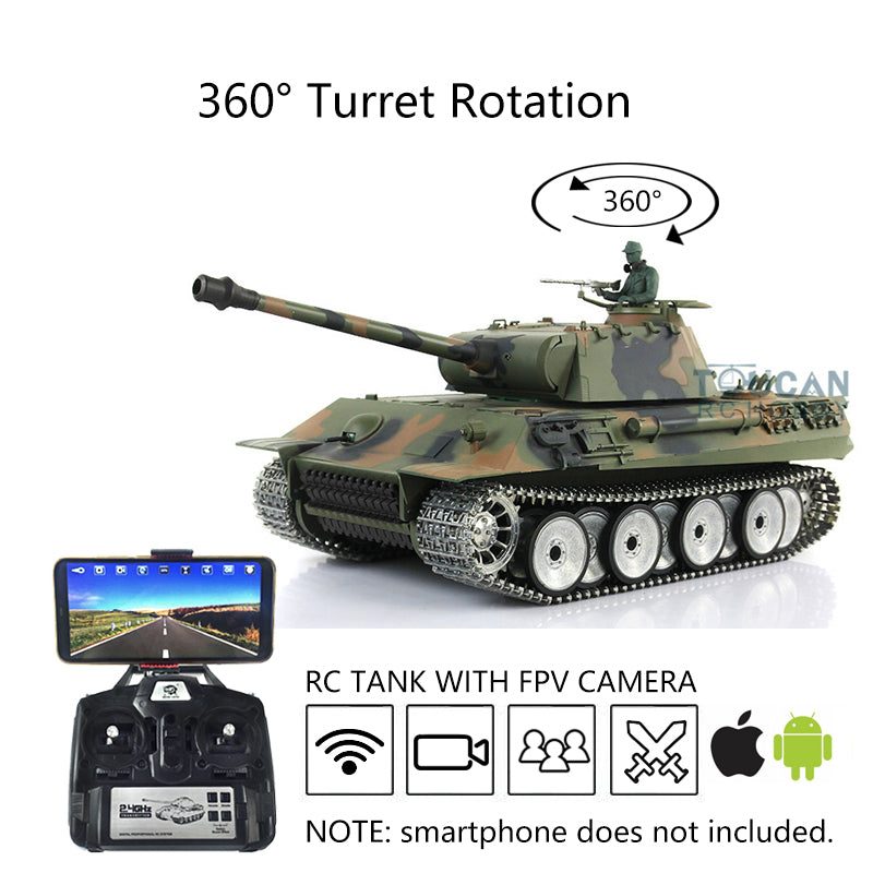 Henglong 1/16 Scale 7.0 RC Panther Tank Model 3819 with FPV Camera, 360° Rotating Turret, Metal Tracks & Steel Gearbox - Realistic Engine Sound & Smoke Effect for Military Enthusiasts & RC Hobbyists (Indoor/Outdoor Play, Collection Display)