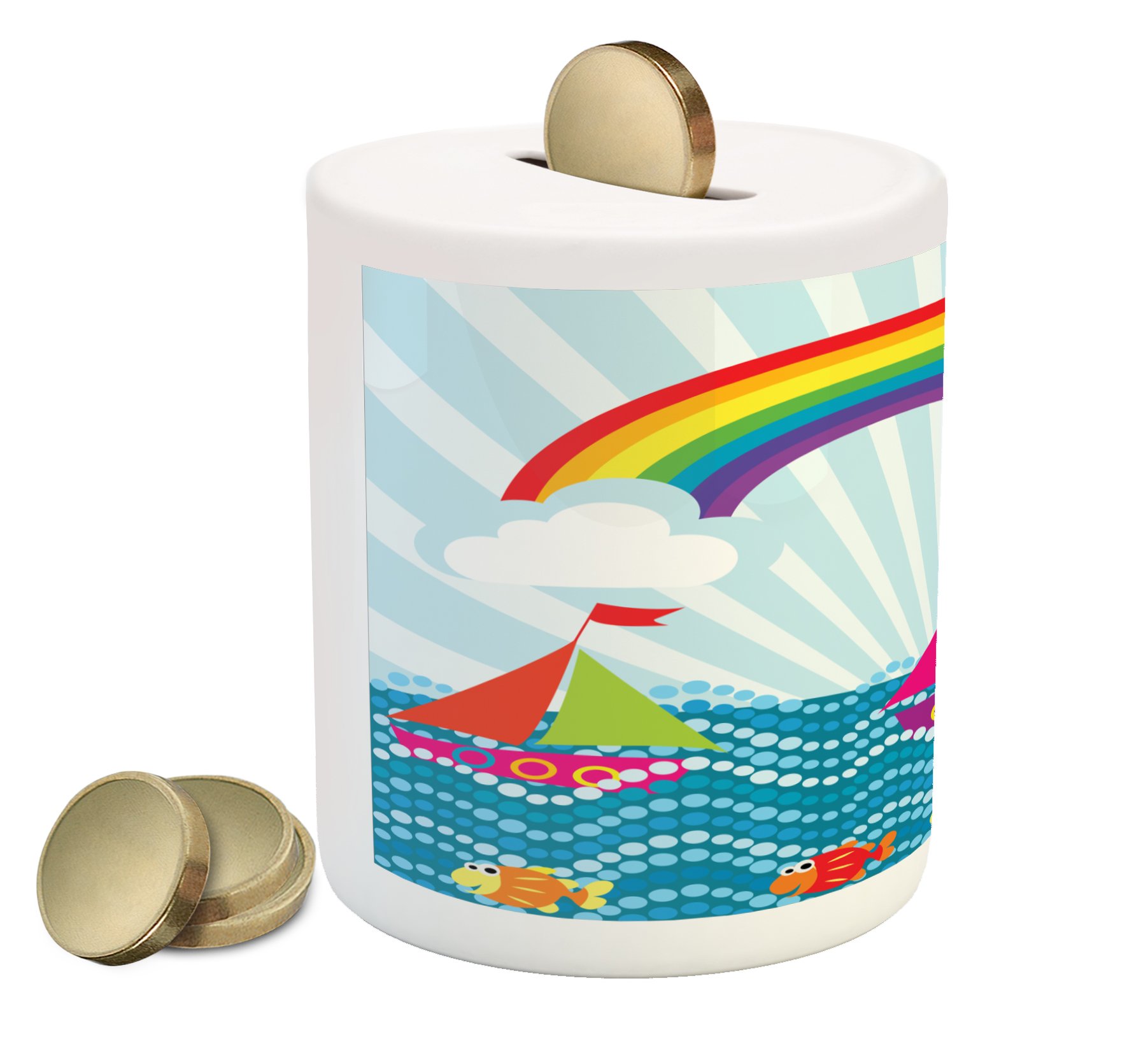 Ceramic Piggy Bank - Cartoon Landscape Sailing Boat with Fish, Rainbow & Clouds Design - 3.6