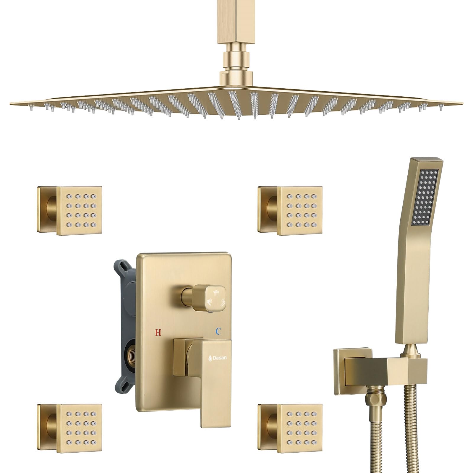 Brushed Gold Shower System with 4 Body Spray Jets, 12’’ Rainfall Ceiling Shower Head & Handheld Spray - DASAN Full Body Shower Faucet Combo Set (SA-SS03BBG-S12C) for Luxury Bathroom Upgrade & Spa Experience