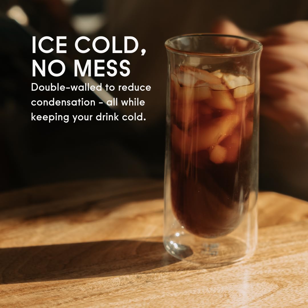 FLUR Iced Coffee Glass Set of 2 - Double-Walled Borosilicate Glasses for Iced Coffee, Cold Brew, Smoothies & Iced Tea - 15.5oz Clear Handmade Glassware - Perfect for Home, Office & Cafe Use