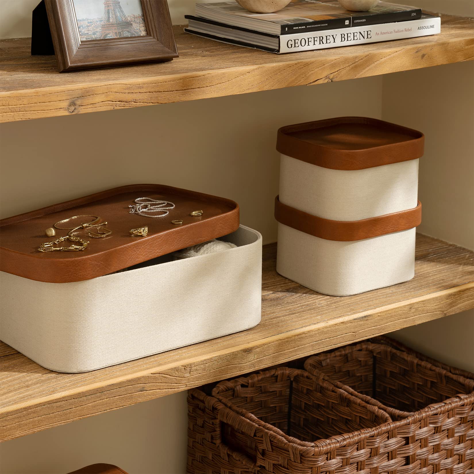 Beige Decorative Storage Boxes with Lids - Leather-Like Stackable Paper Baskets, Modern Organizer Bins for Jewelry, Shelves, Bathroom & Bedroom | Perfect for Home Organization and Stylish Storage Solutions
