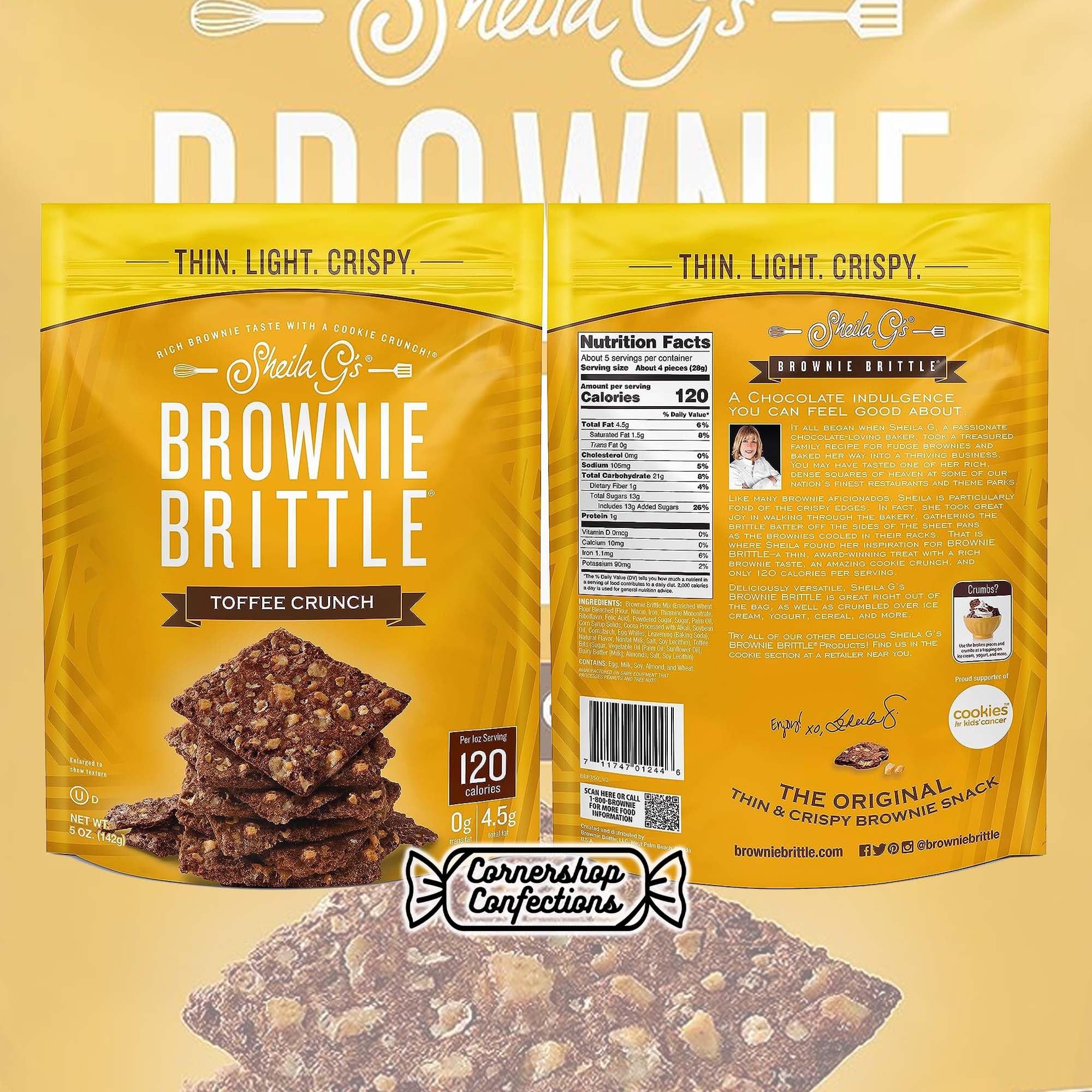 Sheila.G's Brownie Brittle Variety Pack - 4 Delicious Flavors (Salted Caramel, Toffee Crunch, Chocolate Chip, Dark Chocolate Sea Salt) - 5oz Resealable Bags - Perfect for Snacking, Gifts & Parties - Cornershop Confections