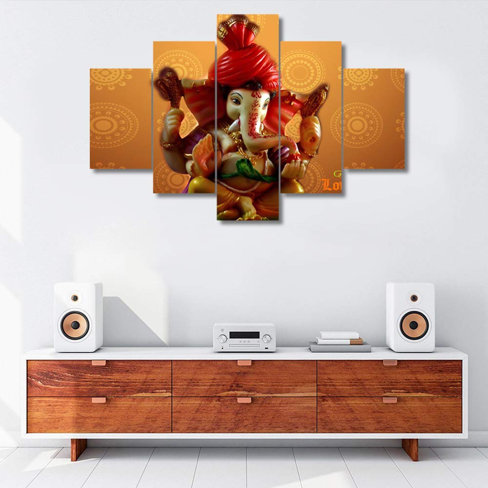 TUMOVO 5-Piece Lord Ganesha Wall Art Set - Wooden Framed Hindu God Decor for Bedroom & Living Room - Modern Indian Home Decor Ready to Hang (60''Wx40''H) - Perfect for Meditation Spaces, Yoga Rooms & Spiritual Home Decor