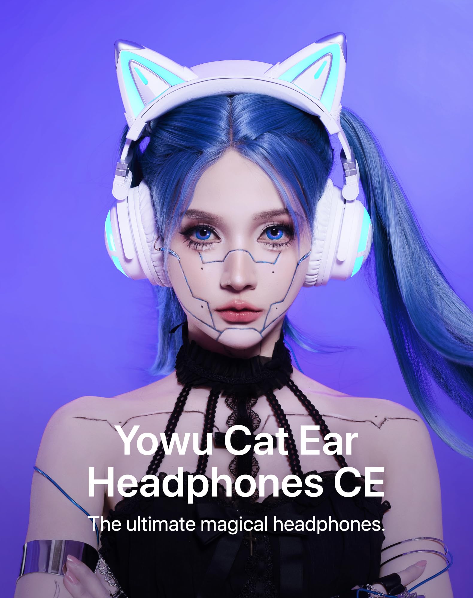 YOWU Cat Ear Headphones CE - Wired & Wireless Gaming Headset with Live Sound, Built-in Mic, RGB Lighting for PC, PS5, Nintendo Switch - Perfect for Anime Lovers & Streamers (White)