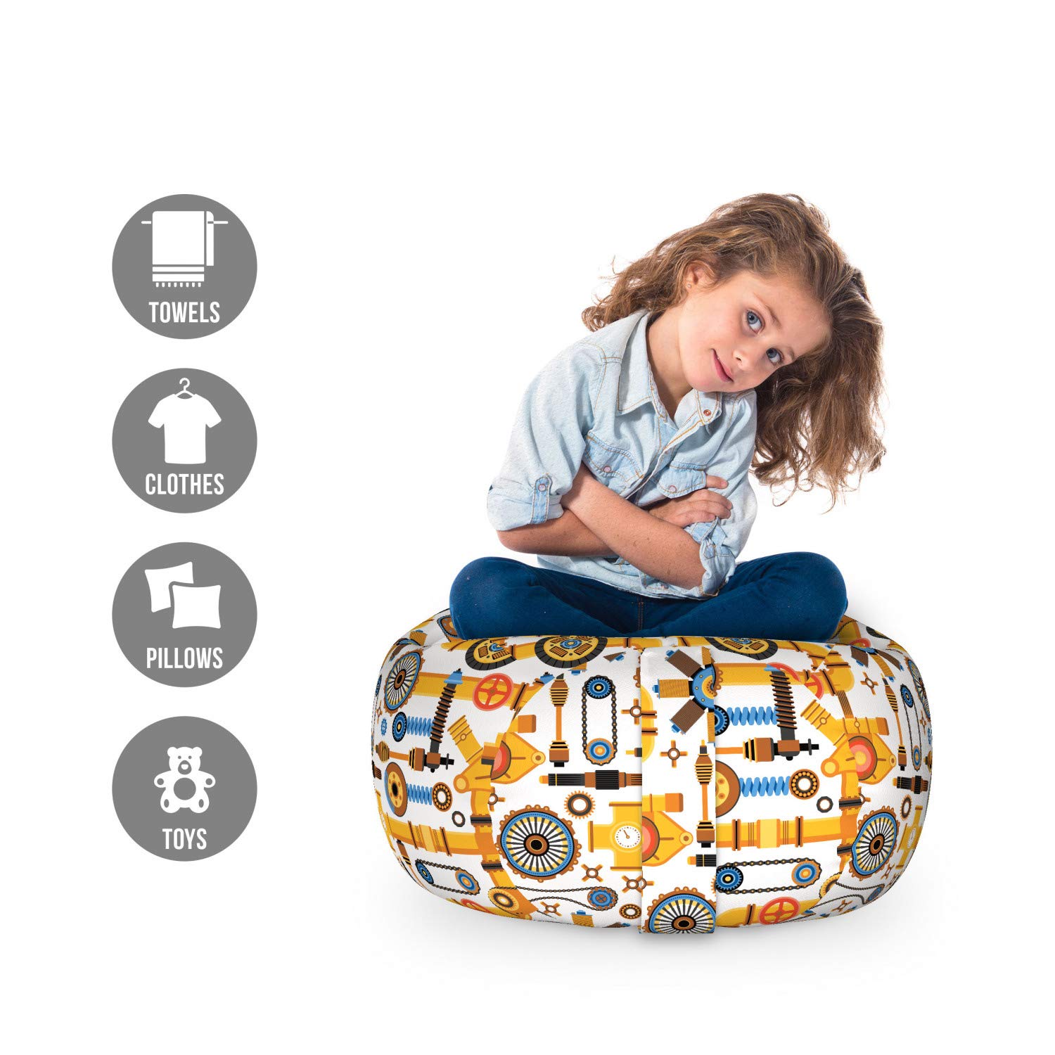 Ambesonne Steampunk Storage Toy Bag Chair - Machinery Pattern with Technical & Industrial Elements, Washable Stuffed Animal Organizer, Small Multicolor - Perfect for Kids' Room, Playroom & Dorm Organization