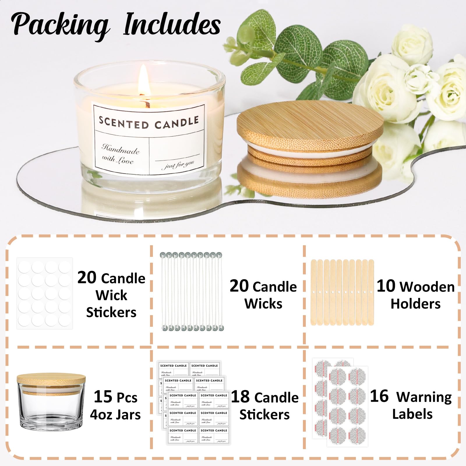 4oz Clear Glass Candle Jars with Bamboo Lids (15 Pack) - Small Wide Mouth Containers for DIY Candle Making, Wedding Favors, Home Decor & Gift Packaging - Perfect for Small Businesses & Crafters
