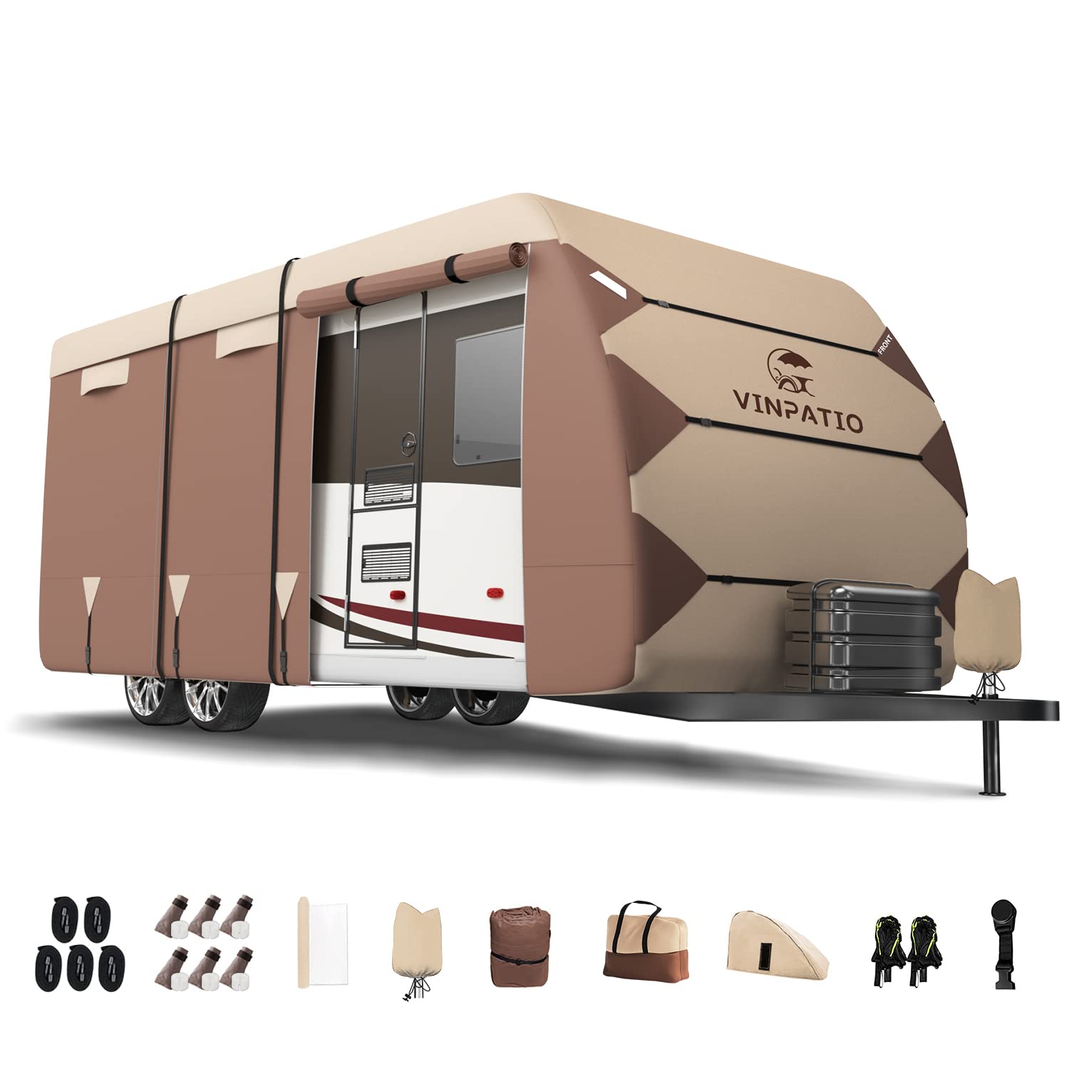 Heavy Duty 300D Ripstop Oxford Fabric RV Cover - Waterproof, Windproof & UV Resistant Travel Trailer Cover for 16'-18' Campers with Tongue Jack Protection | Extra Windproof Ropes Included | Perfect for Outdoor Storage, Winter Protection & Long-Term Camper Shelter