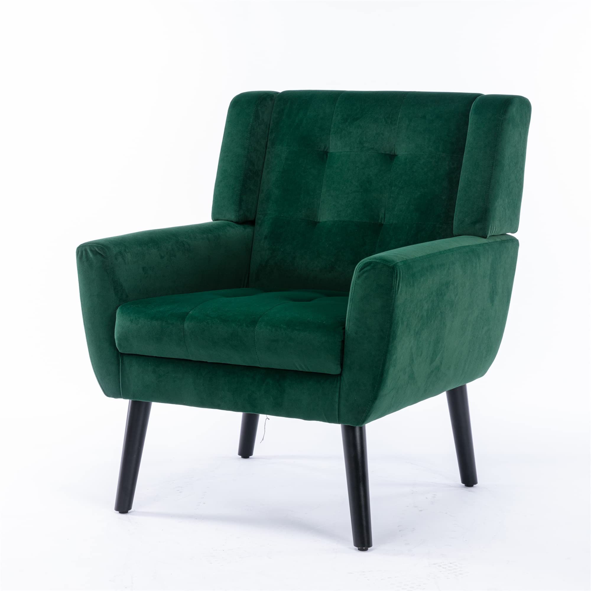 Modern Upholstered Button Tufted Accent Chair with Black Legs - Linen Fabric Armchair for Living Room & Bedroom - Ergonomic Retro Green Sofa Chair for Home Decor, Reading Nook, or Cozy Corner