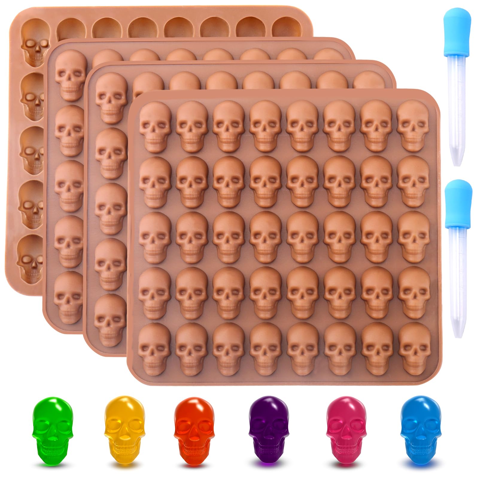 Premium 4-Pack Silicone Skull Candy Molds - 40 Cavity Non-Stick Gummy, Chocolate & Jelly Molds with 2 Droppers - Perfect for Halloween Treats, Party Favors, Baking Decorations & DIY Desserts