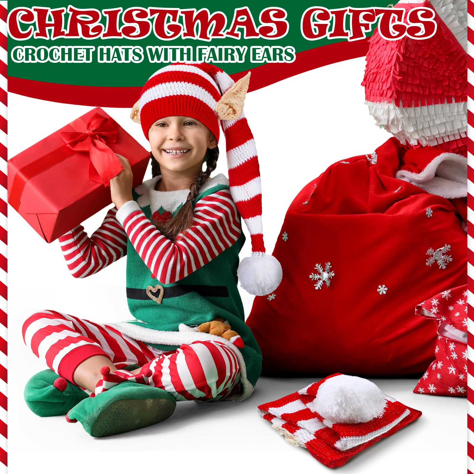 Funtery Christmas Knitted Elf Hats with Ears for Kids & Adults - Warm Crochet Long Santa Beanie Hat - Perfect for Holiday Parties, Elf Costume Accessories & Winter Festive Outfits