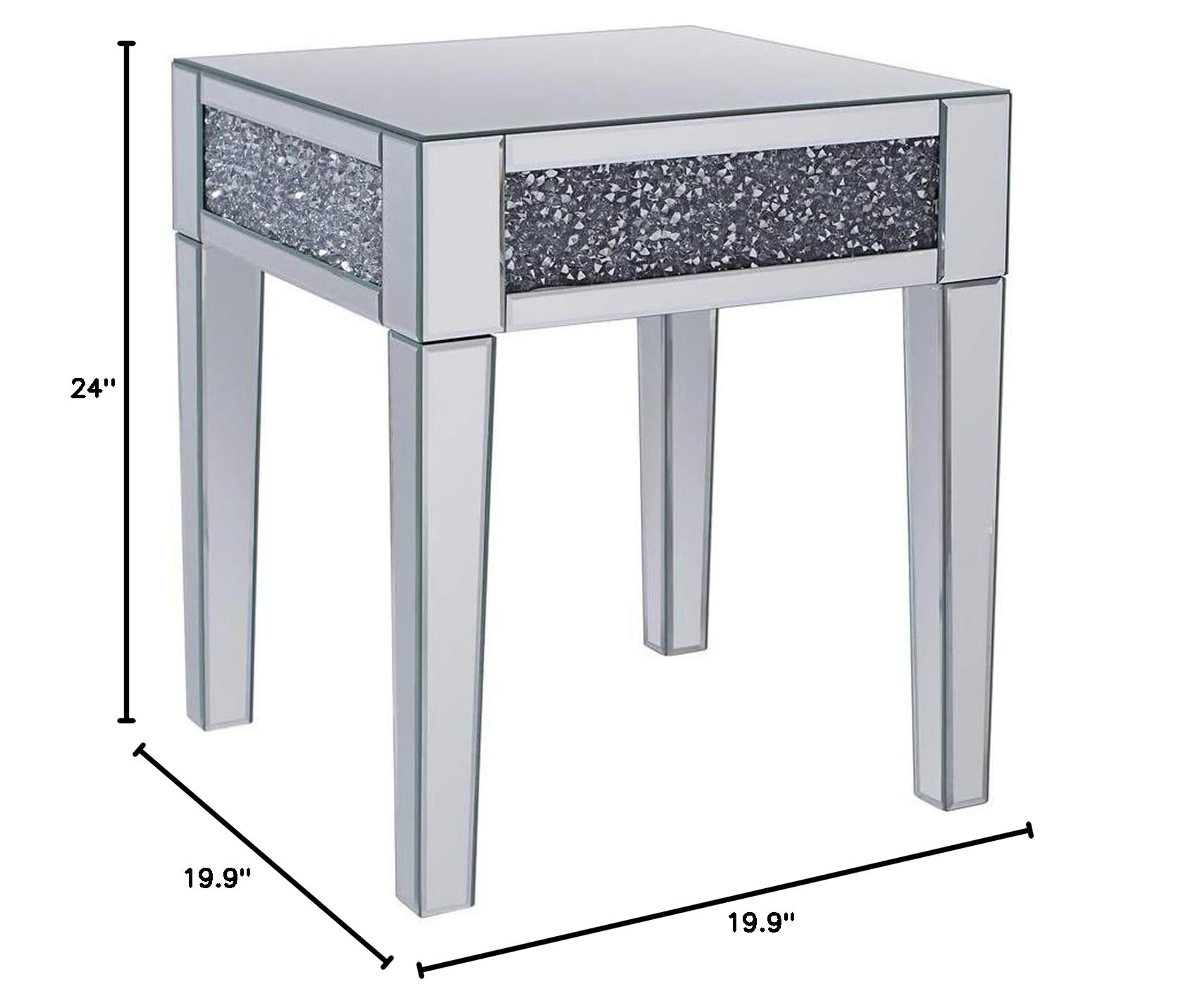 Benjara Wood and Mirror End Table with Faux Crystals Inlay - Clear Glass Accent Table for Living Room, Bedroom & Entryway Decor