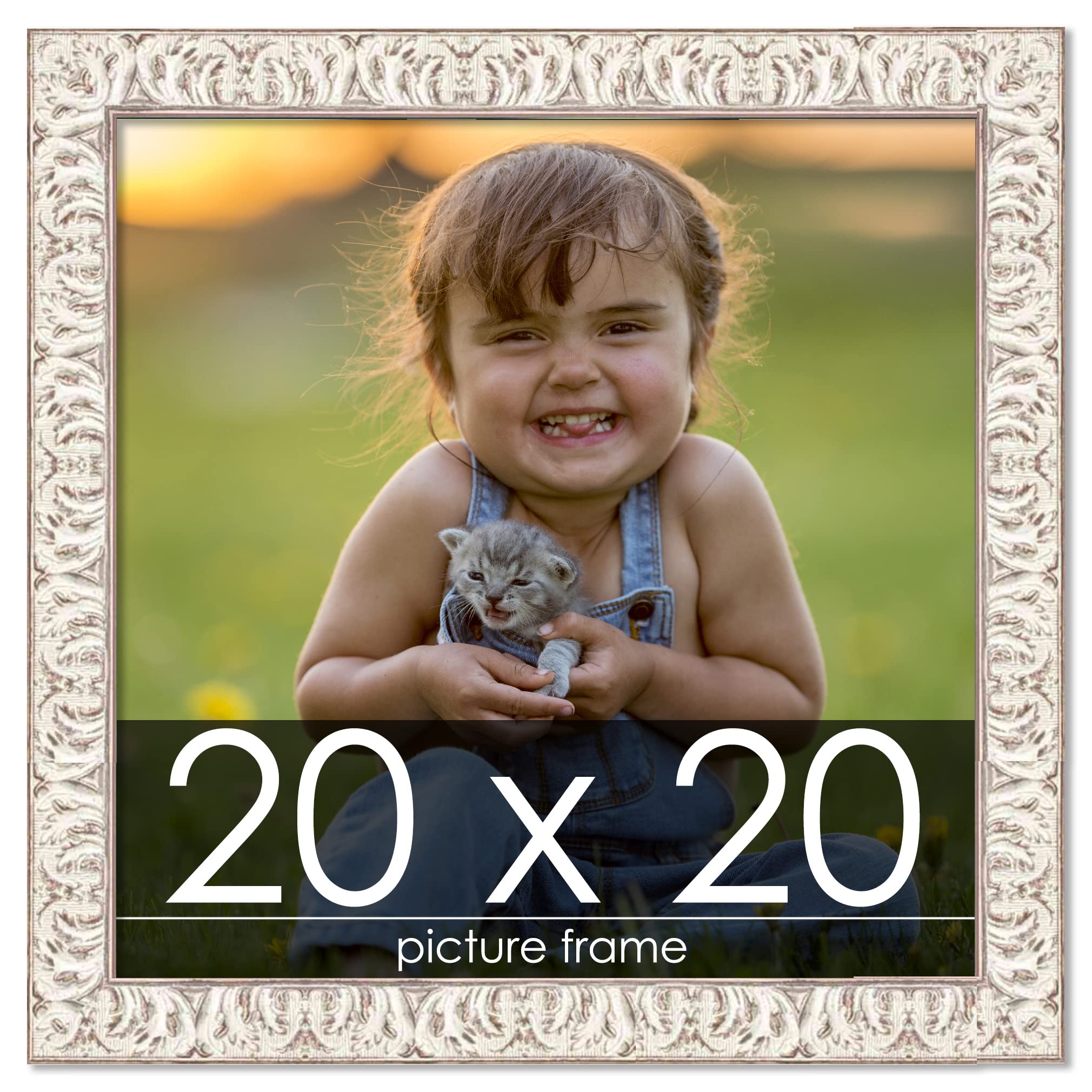 20x20 Ornate White Washed Wood Picture Frame with UV Acrylic & Hanging Hardware - Perfect for Wall Decor, Home Office, Gallery Displays & Wedding Photos
