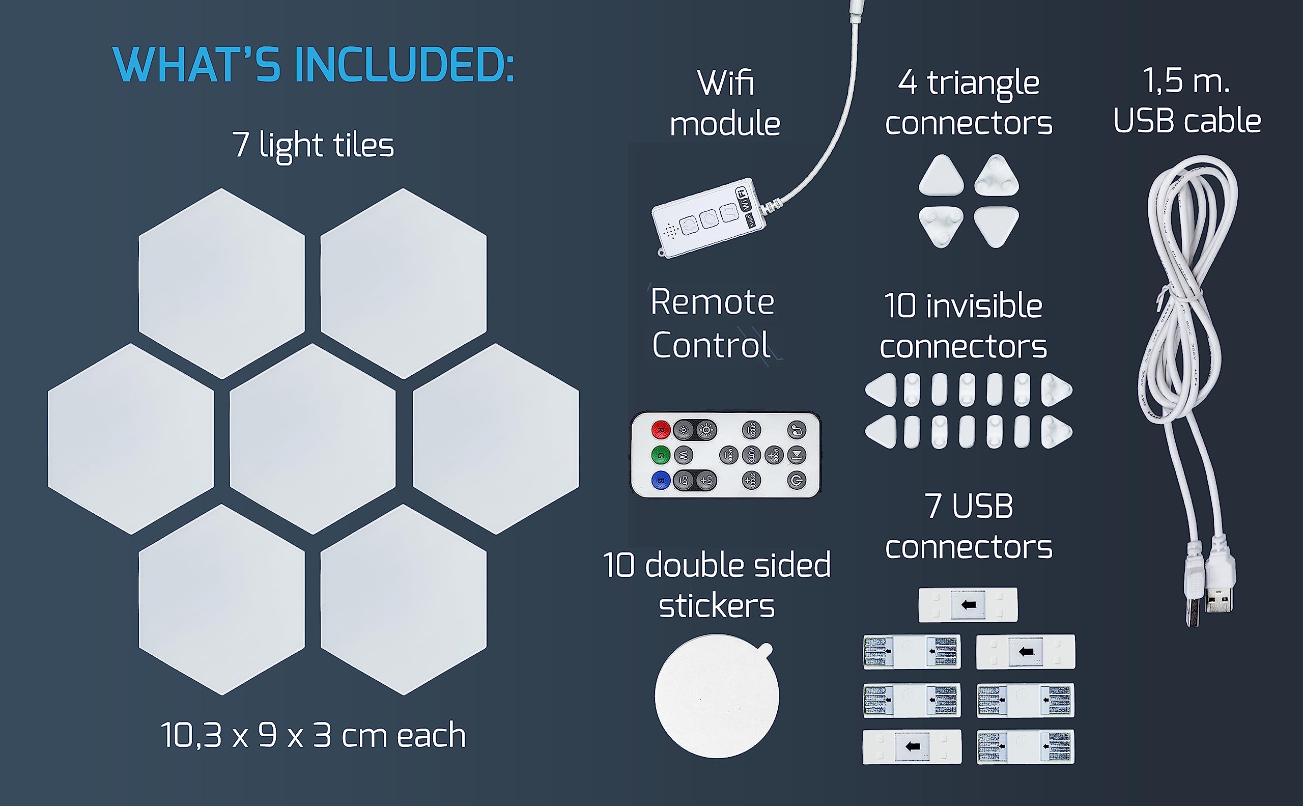 Emberela HEXlights 7-Pack RGB Hexagon LED Wall Panels with App & Remote Control - Smart Lighting for Living Room, Bedroom, Gaming Room Decor - Includes Tabletop Stand - Perfect for Home Theater, Party & Gaming Setup