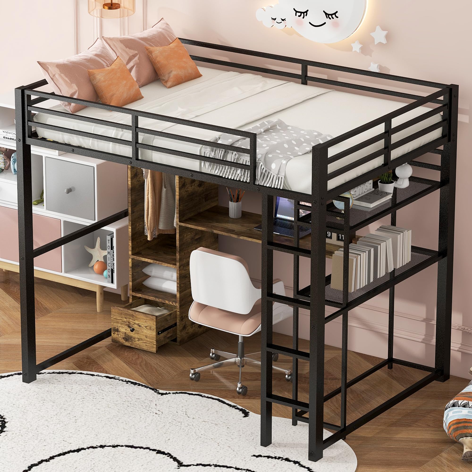 Full Size Loft Bed with Desk & Wardrobe - Heavy Duty Metal Loft Bed with Storage Shelves & Drawers - Space Saving Black Loft Bed with Bookshelf for Kids, Teens & Adults - Perfect for Small Bedrooms, Dorms & Studio Apartments