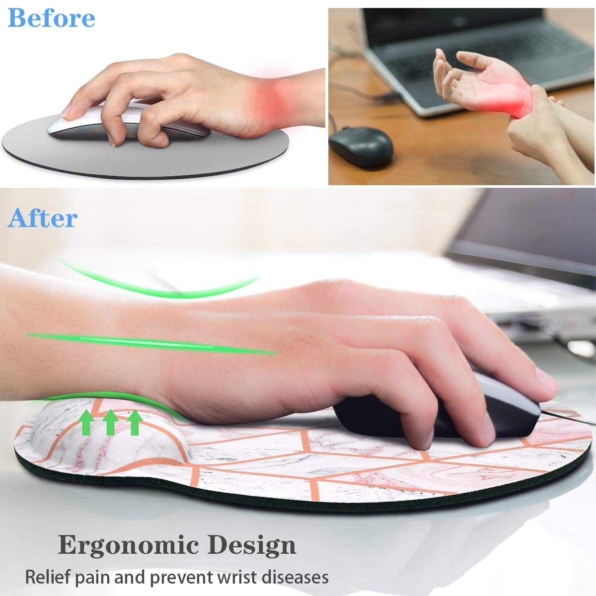 Ergonomic Mouse Pad with Wrist Support - Marble Design Non-Slip Mouse Mat for Laptop & PC - Pain Relief Comfort Wrist Rest (9