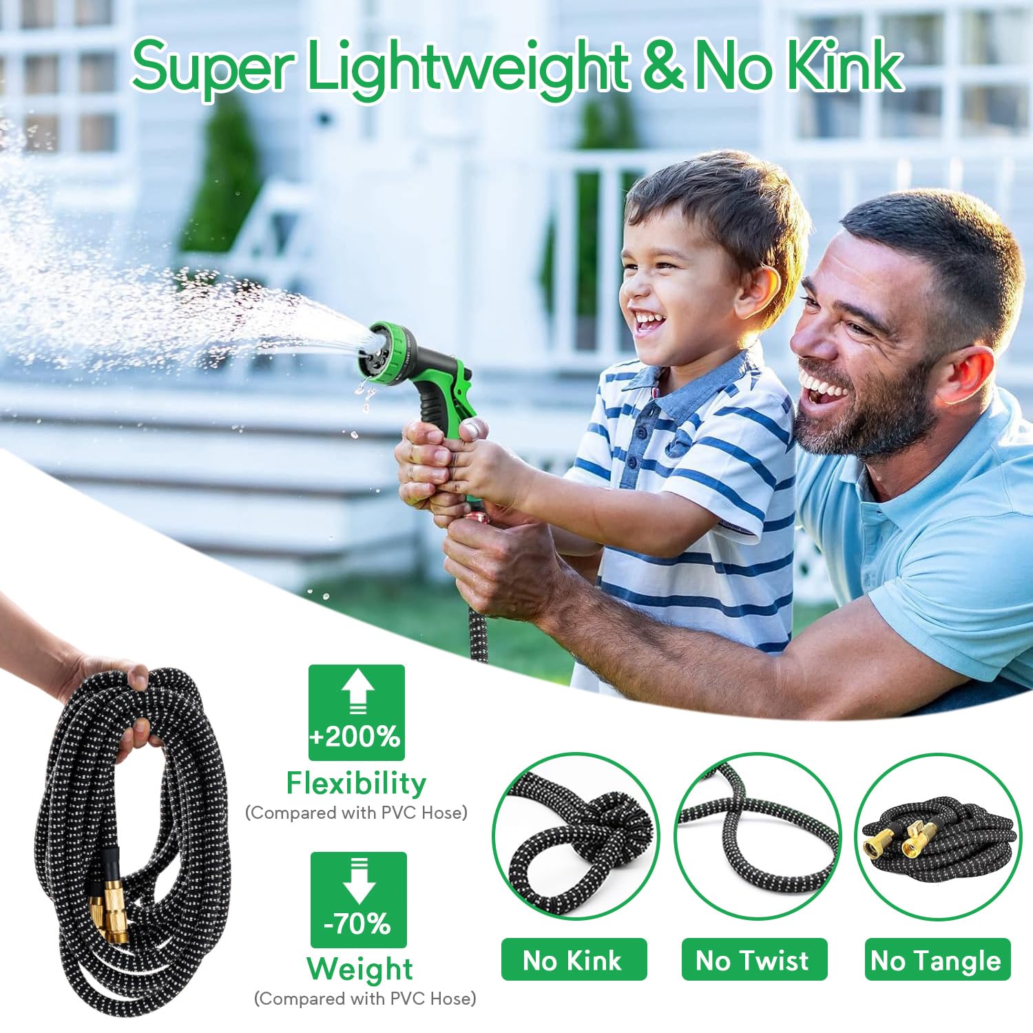50 ft Expandable Garden Hose - No Kink Flexible Water Hose 50ft with 10 Pattern Spray Nozzle, Leakproof Solid Brass Connectors, Retractable Latex Core - Lightweight Collapsible Hose for Lawn, Garden, Car Washing & Outdoor Cleaning