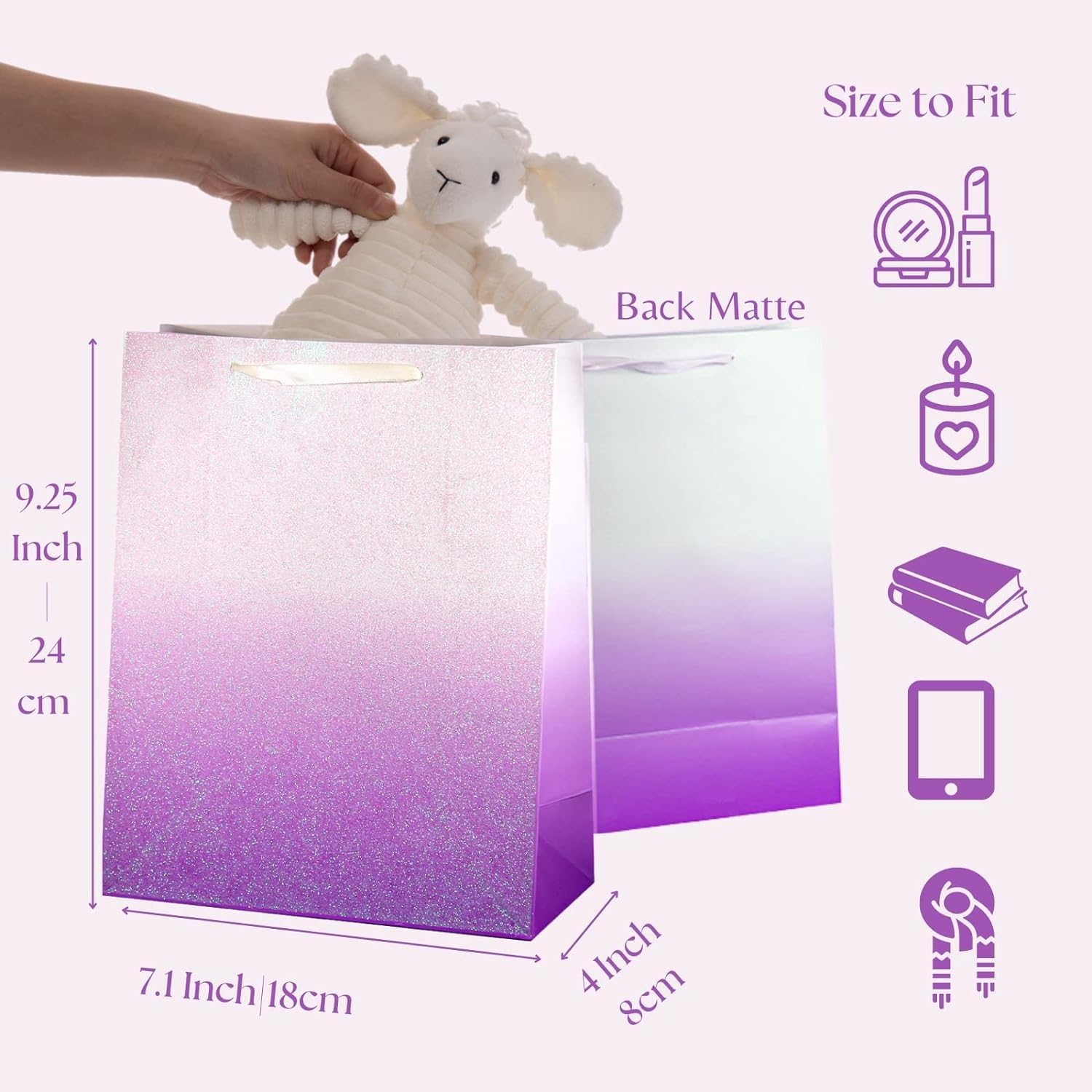 12Pcs Purple Glitter Ombre Gift Bags Bulk - 100% Recyclable Wrapping Paper Bags for Bridal Shower, Baby Shower, Wedding, Birthday Party Favors - Medium 9x7x4 inch - Perfect for Easter, Mother's Day & Thank You Gifts