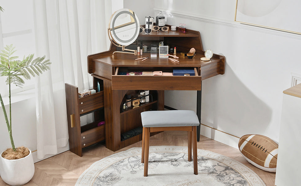 Modern Corner Makeup Vanity Desk with LED Lights & Adjustable Mirror - Walnut Dressing Table Set with Stool & Large Storage for Small Spaces | Perfect for Bedroom, Apartment & Studio Makeup Organization