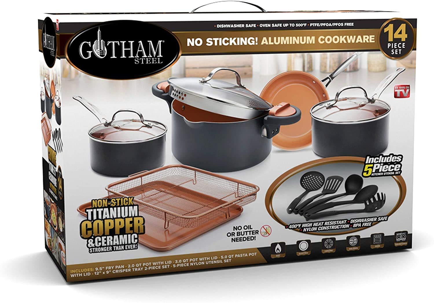 Gotham Steel 14-Piece Nonstick Cookware Set - Pots, Pans, Saucepan, Frying Pan, Stock Pot with Oven & Air Fryer Basket & Chef Utensils - Dishwasher Safe for Home Kitchen Cooking, Baking & Meal Prep