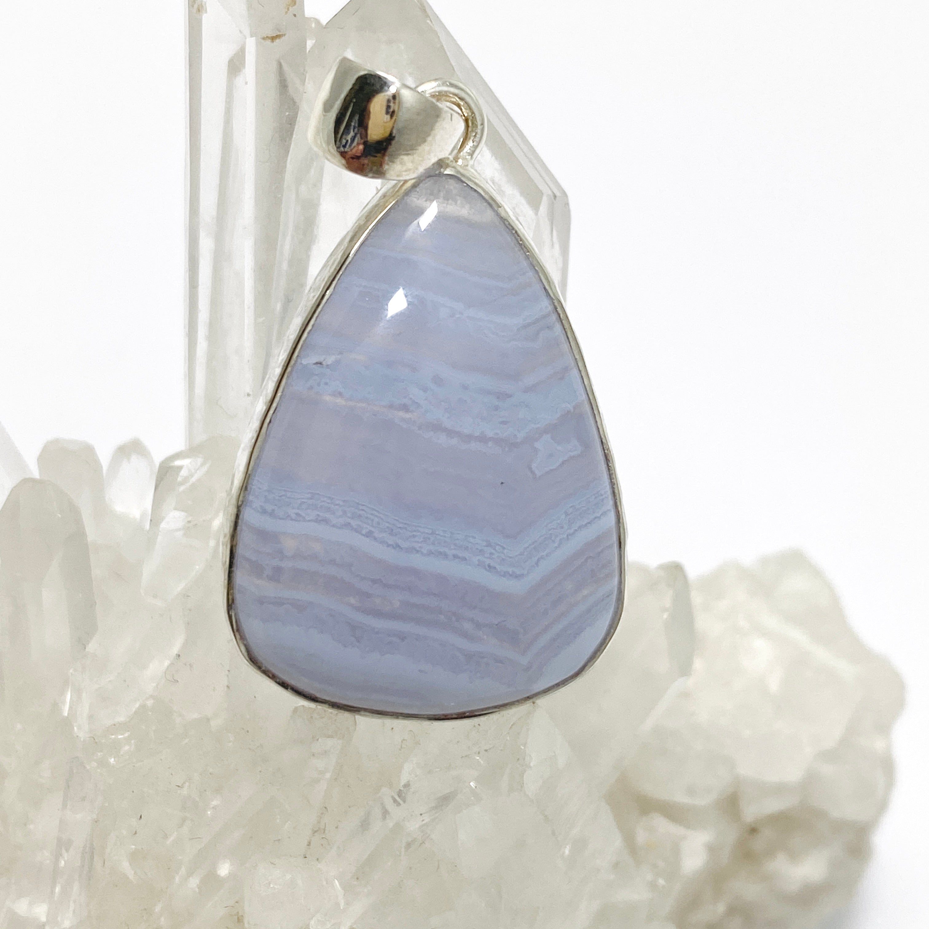 Blue Lace Agate Teardrop Cabochon Pendant in Hammered Sterling Silver Setting KPGJ4830 - Elegant Jewelry for Women, Perfect for Weddings & Special Occasions