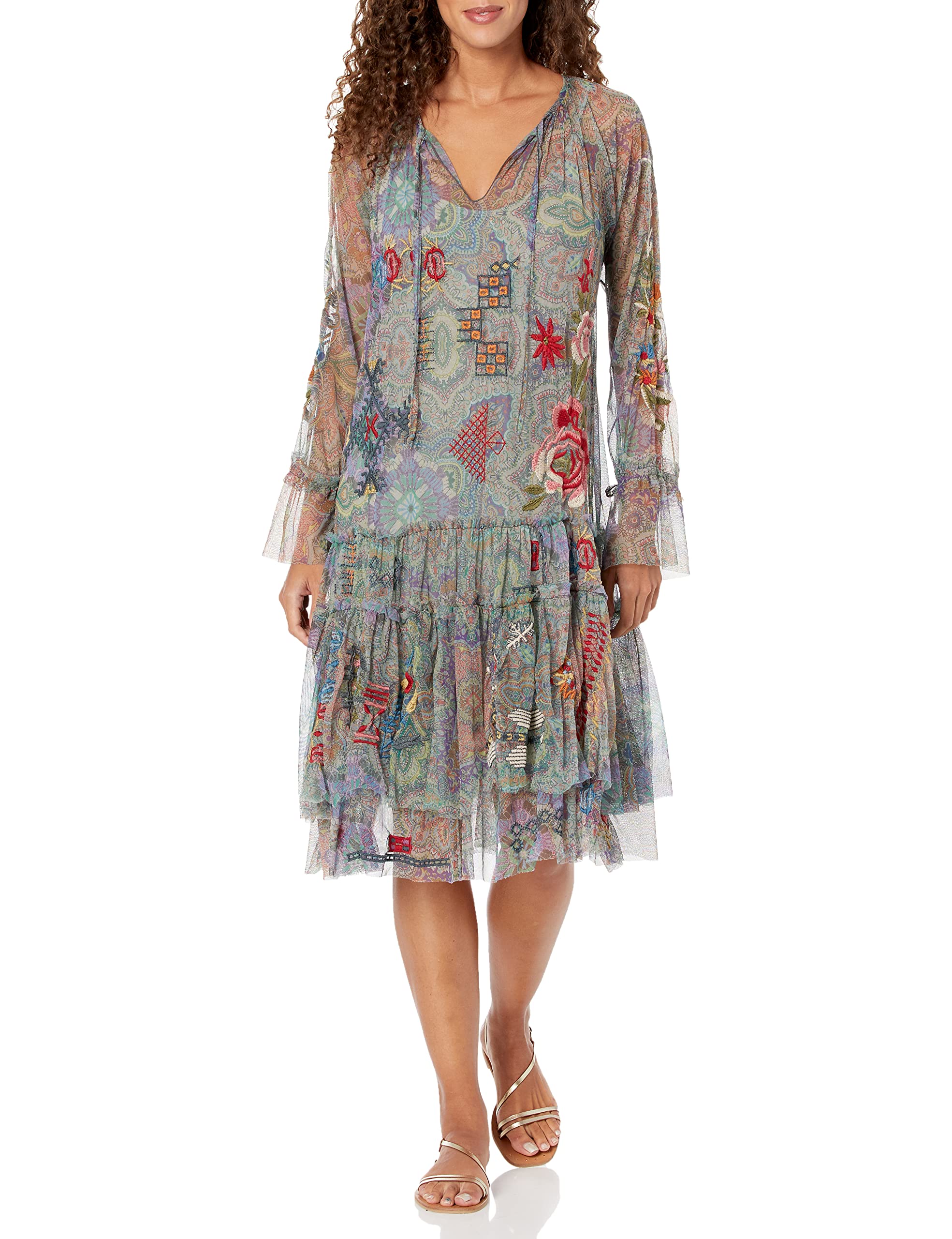 Johnny Was Women's Long Sleeve Mesh Dress - Flowy Boho Maxi Dress for Casual Wear, Beach Cover Up & Evening Outfits
