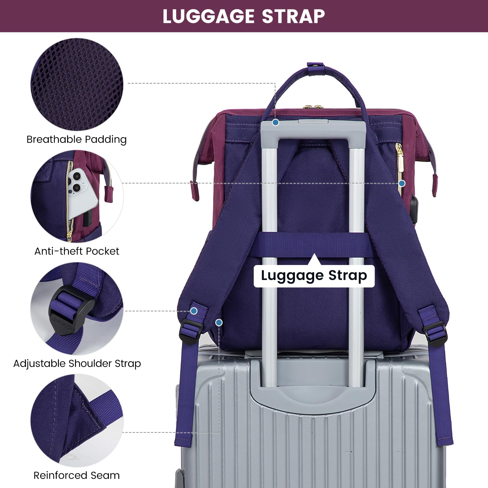 LOVEVOOK Women's Waterproof Laptop Backpack with USB Charging Port - 15.6 Inch Large Travel Work Bag for Teachers, Doctors & Nurses (Purple-Blue) - Perfect for Commuting, Business Trips & College Campus Use