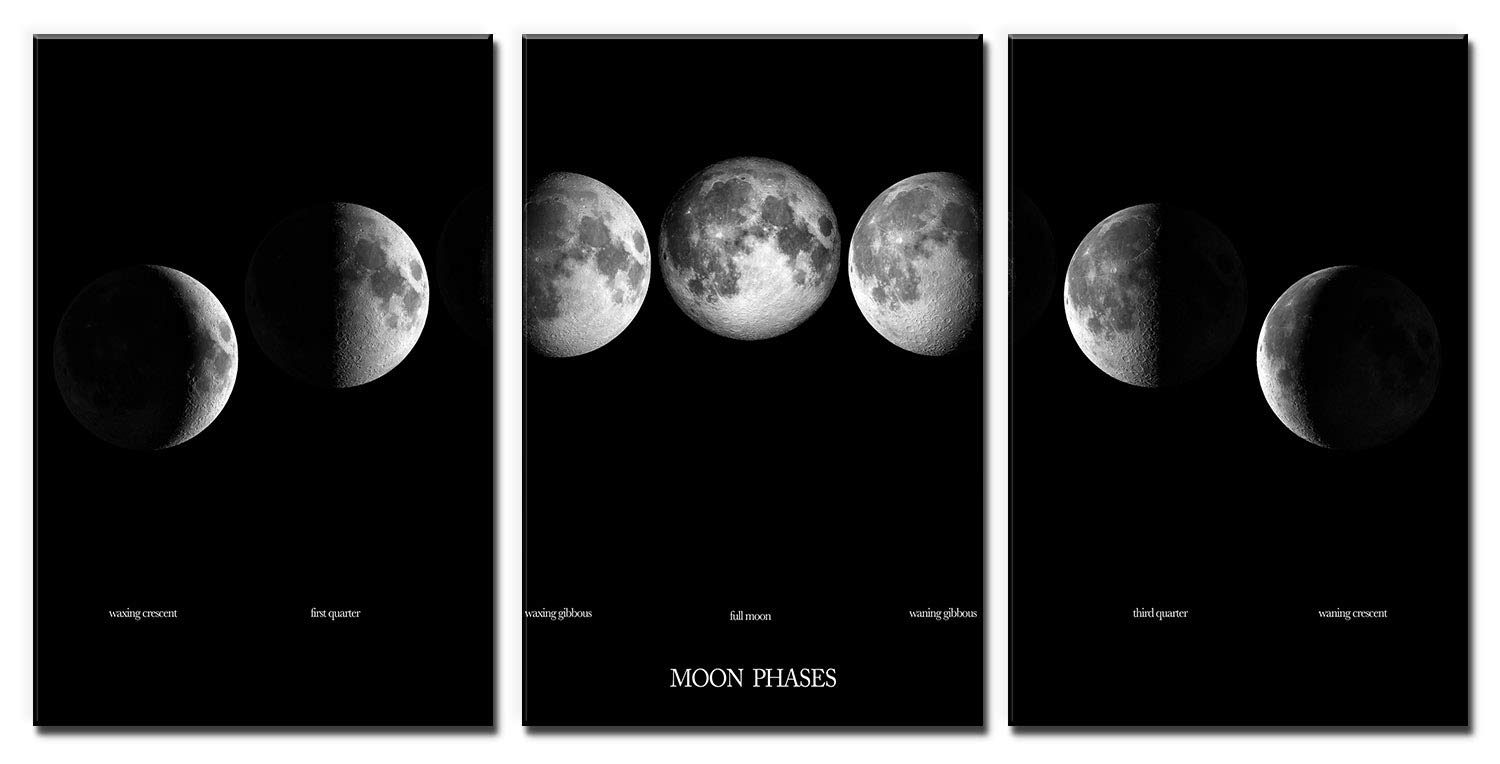 Wall26 - 3 Panel Moon Phases Canvas Wall Art - Giclee Printed Gallery Wrapped Modern Home Decor - 24x36 Inches (Set of 3) - Perfect for Living Room, Bedroom & Office Decoration