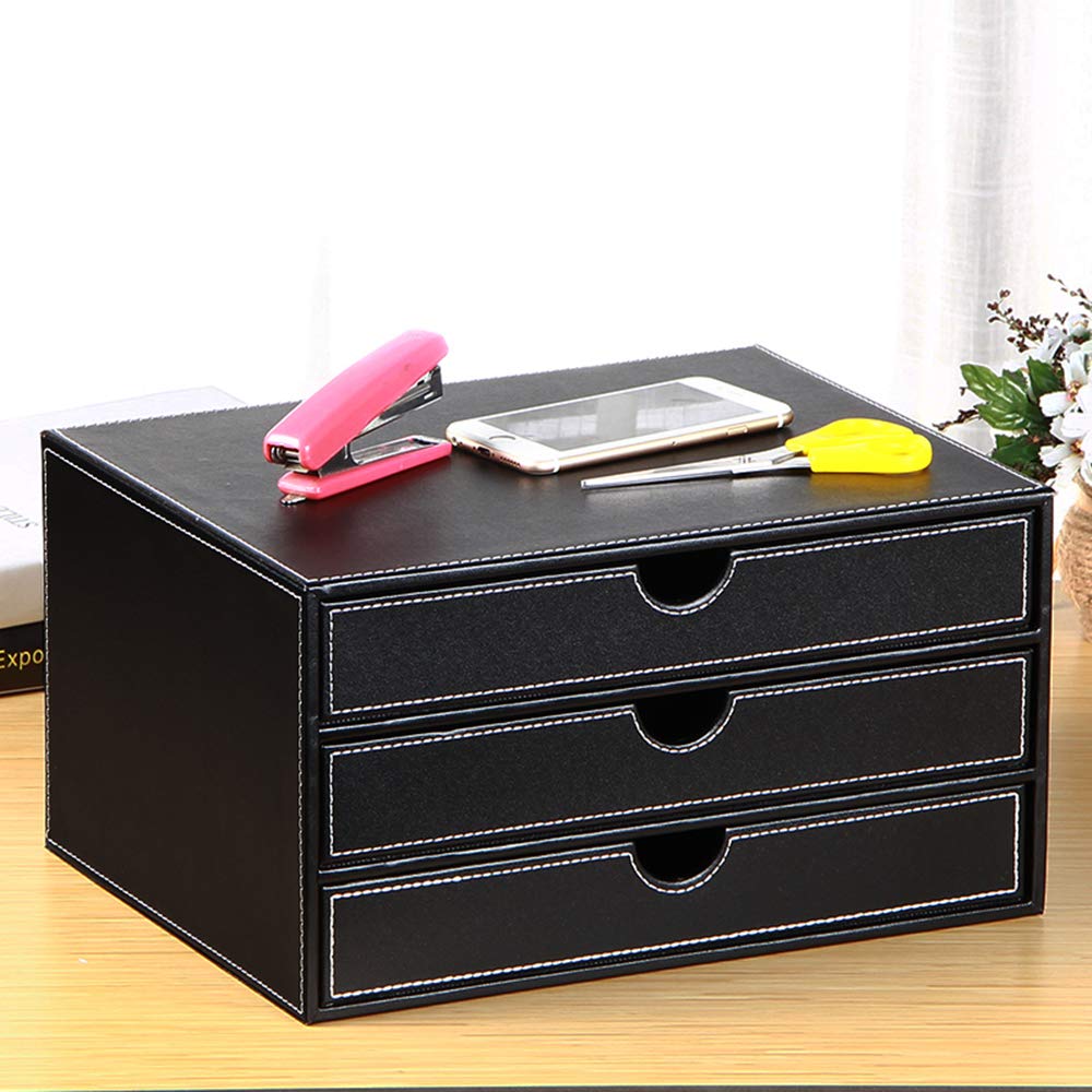 Premium PU Leather Desk Organizer - 3-Drawer A4 File Cabinet for Office & Home Storage (Black)