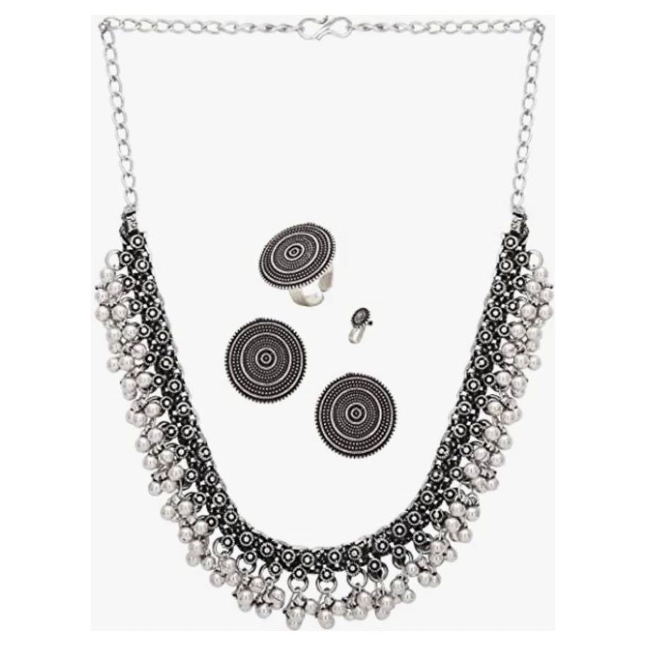 Oxidized German Silver Jewelry Set for Women - Choker Necklace, Earrings, Nose Pin & Ring Combo | Perfect for Weddings, Parties & Special Occasions
