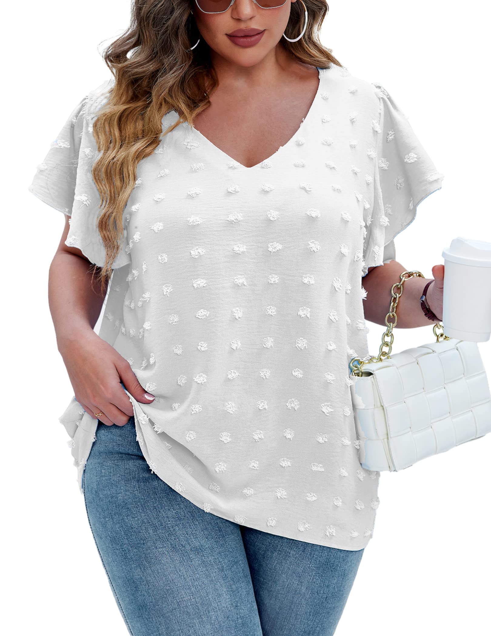 IN'VOLAND Women's Plus Size V-Neck Short Sleeve Flowy Tunic Top - Casual Summer Blouse for Work, Date Night & Outdoor Activities