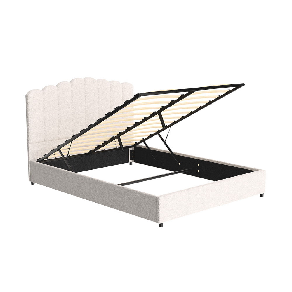 Fion Queen Boucle Upholstered Storage Bed in Cream White - Modern Platform Bed with Underbed Storage for Small Spaces, Bedroom Organization & Stylish Home Decor