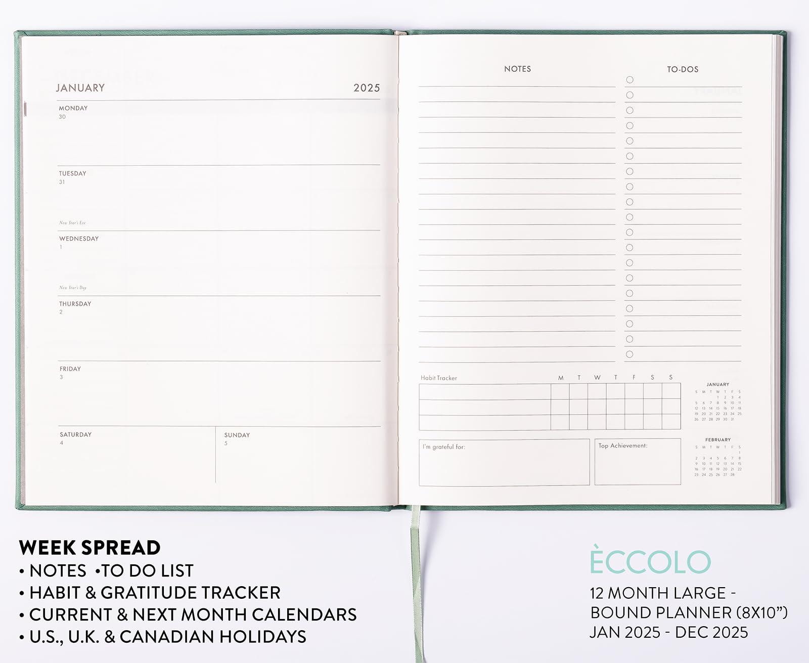 Eccolo 2025 Large Agenda Planner - 12 Month Weekly & Monthly Organizer with Habit & Gratitude Tracker, Hardcover 8x10
