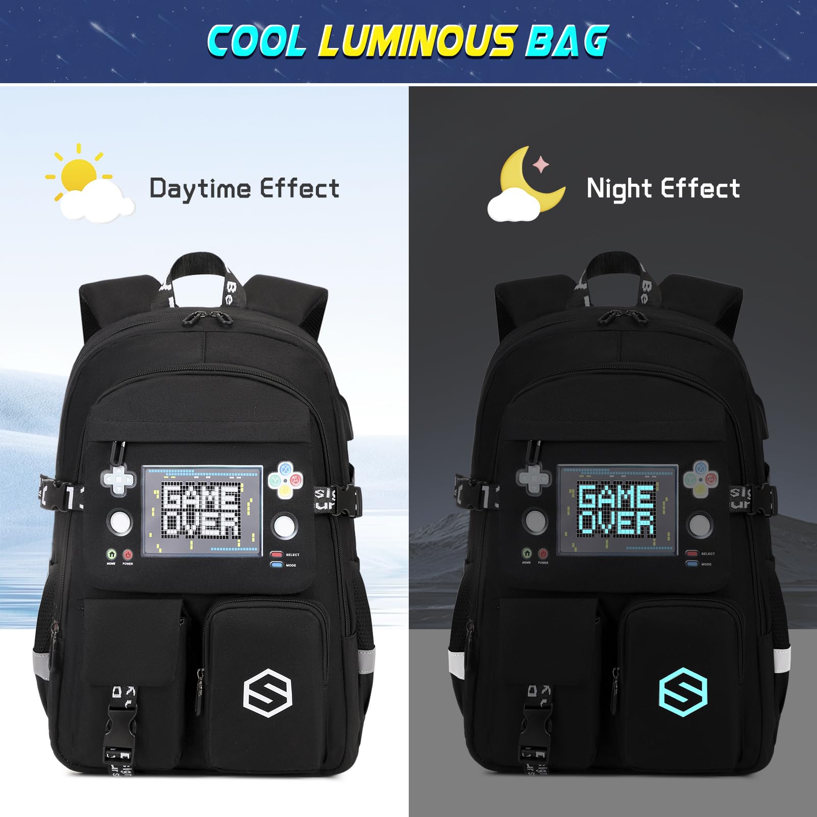 Cool Luminous Boys Backpack with USB Charging Port - Waterproof School Backpack for Kindergarten, Elementary & Middle School - Includes Lunch Bag & Pencil Case - Perfect for Teen Boys & Kids Daily Use, Travel & Outdoor Activities