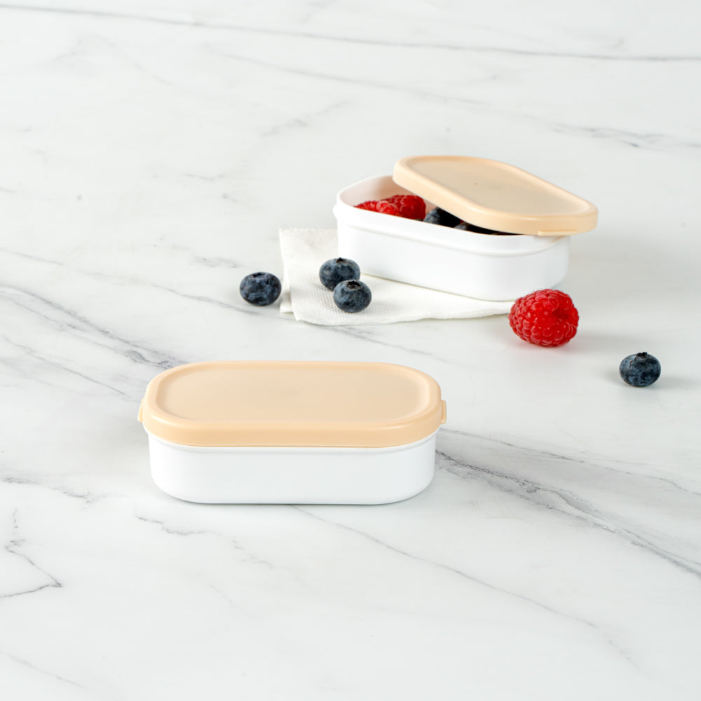 Bento Tek 3 oz White Buddha Box Snack Container with Beige Lid - 4 Pack Small Sauce Containers (3.75