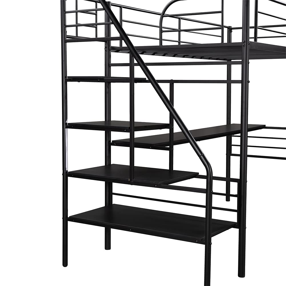 Twin Size Metal Loft Bed Frame with Stairway & Guardrails - Space-Saving Bedroom Furniture with Under-Bed Workstation & Full-Length Desk for Small Apartments, Dorm Rooms & Guest Rooms