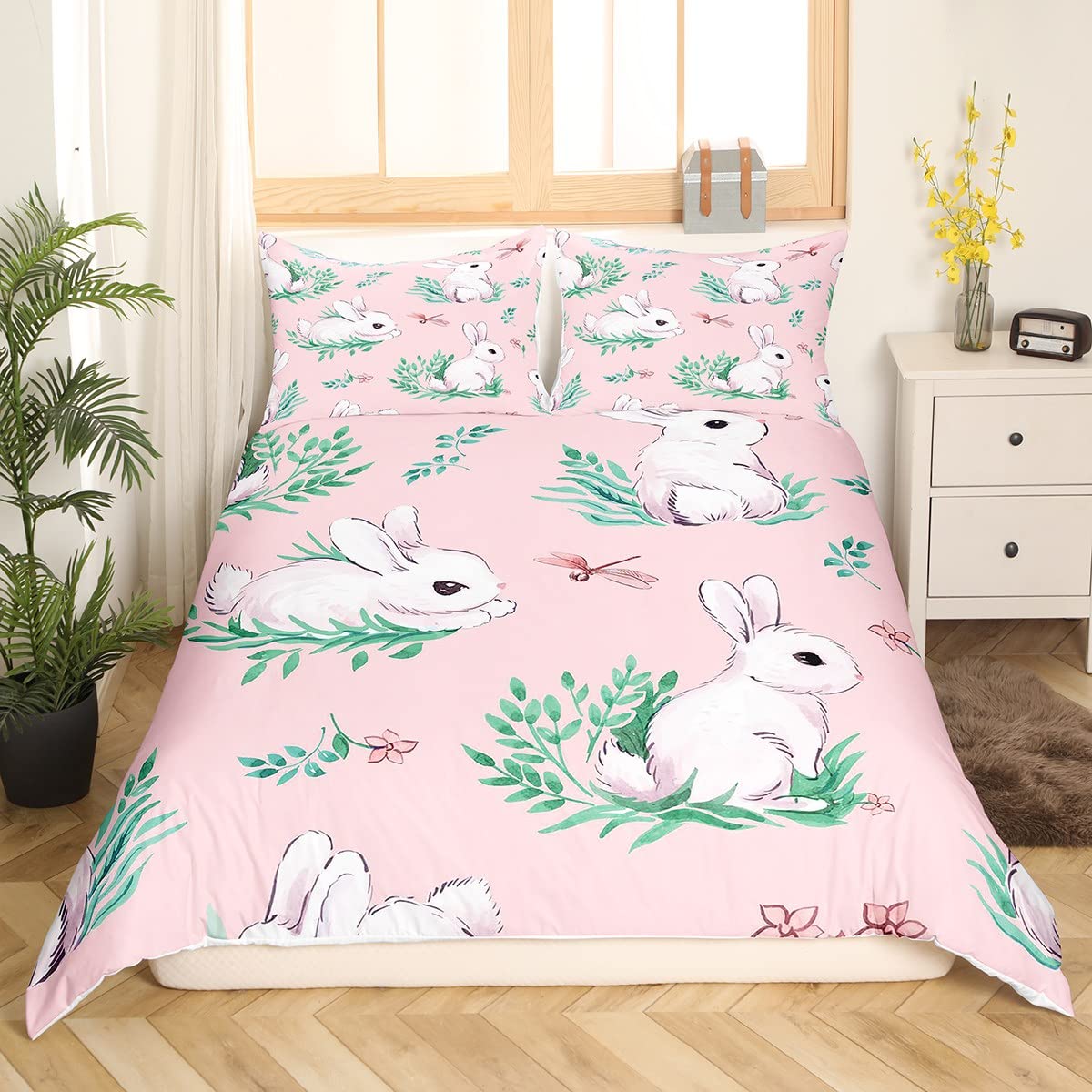 Cute Rabbit Comforter Cover Set - Cartoon Bunny & Dragonfly Duvet Cover for Kids, Boys & Girls - Pink Branches Rabbit Decor Bedding Set - Twin Size 2Pcs - Perfect for Nursery, Kids Room & Gift Giving