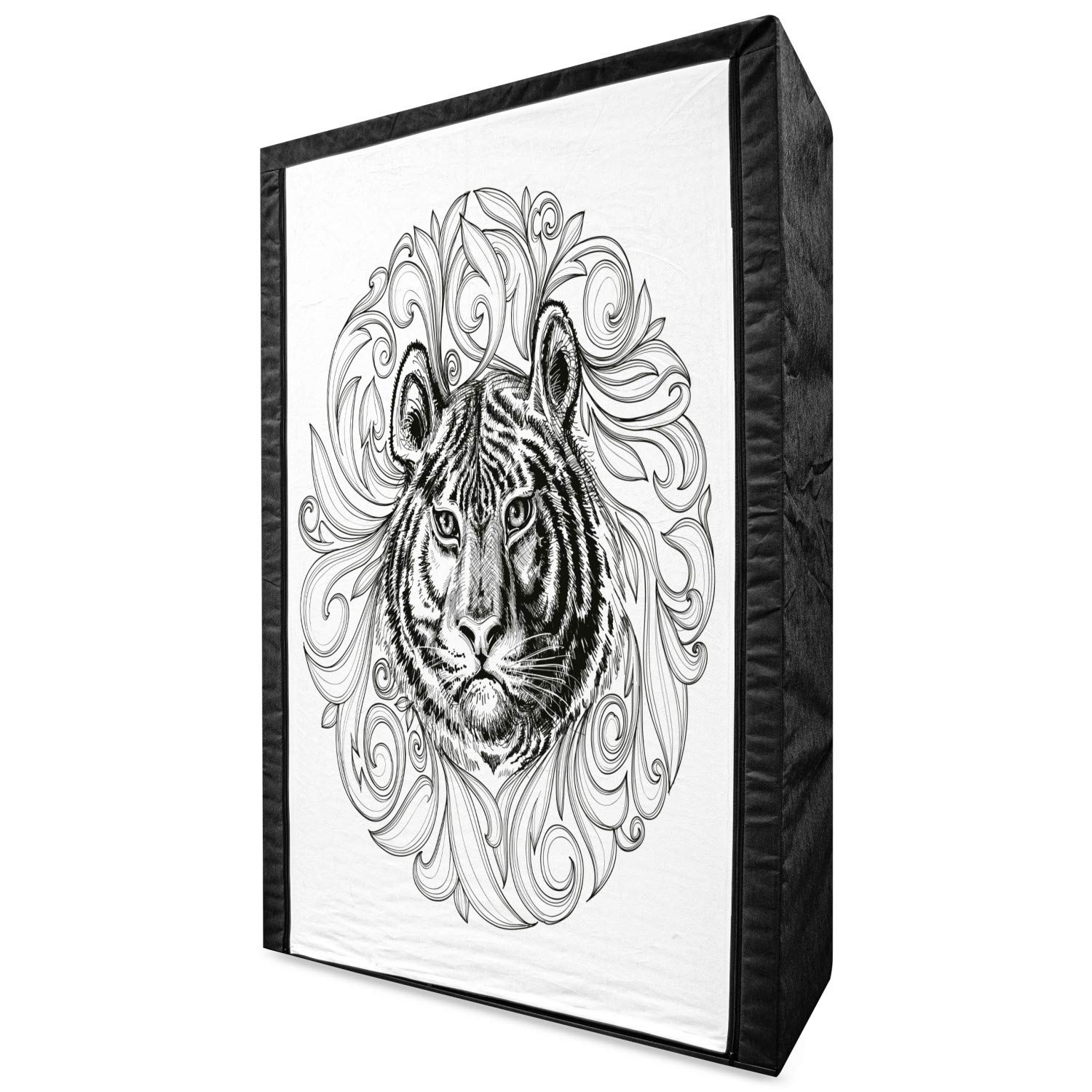 Ambesonne Tiger Portable Fabric Wardrobe - Black & White Abstract Jungle Design with Large Feline Head & Leaves - 42.5