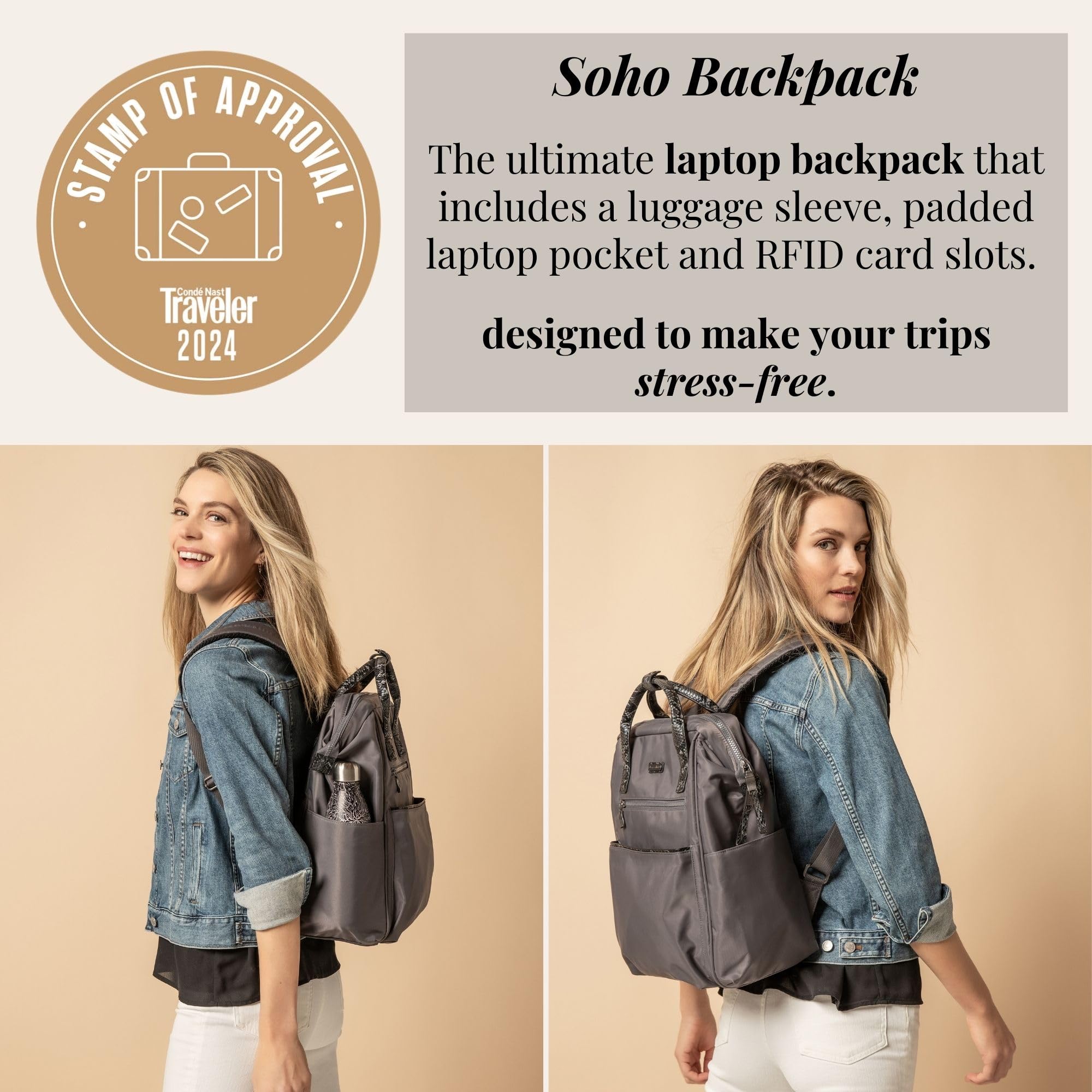 Baggallini Soho Backpack for Women - Lightweight Water-Resistant Laptop Backpack with USB Charging Port - Perfect for Travel, Work & College - Smoke/Faux Python Design