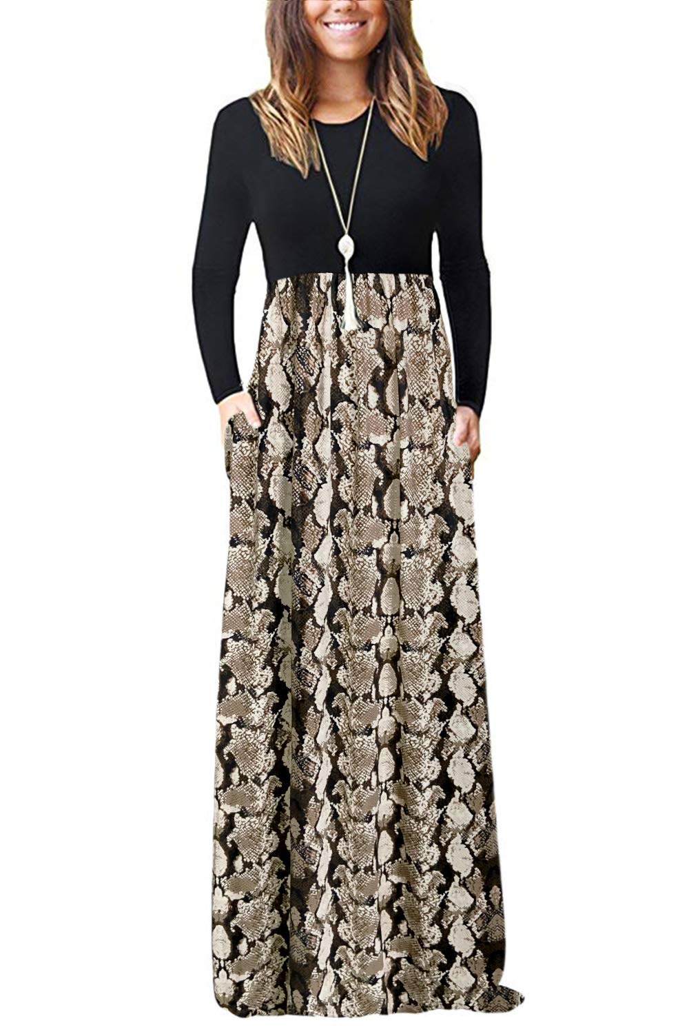 MISFAY Women's Long Sleeve Loose Plain Maxi Dress Casual Long Dress with Pockets - Perfect for Everyday Wear, Beach Cover Up & Boho Style Outfits