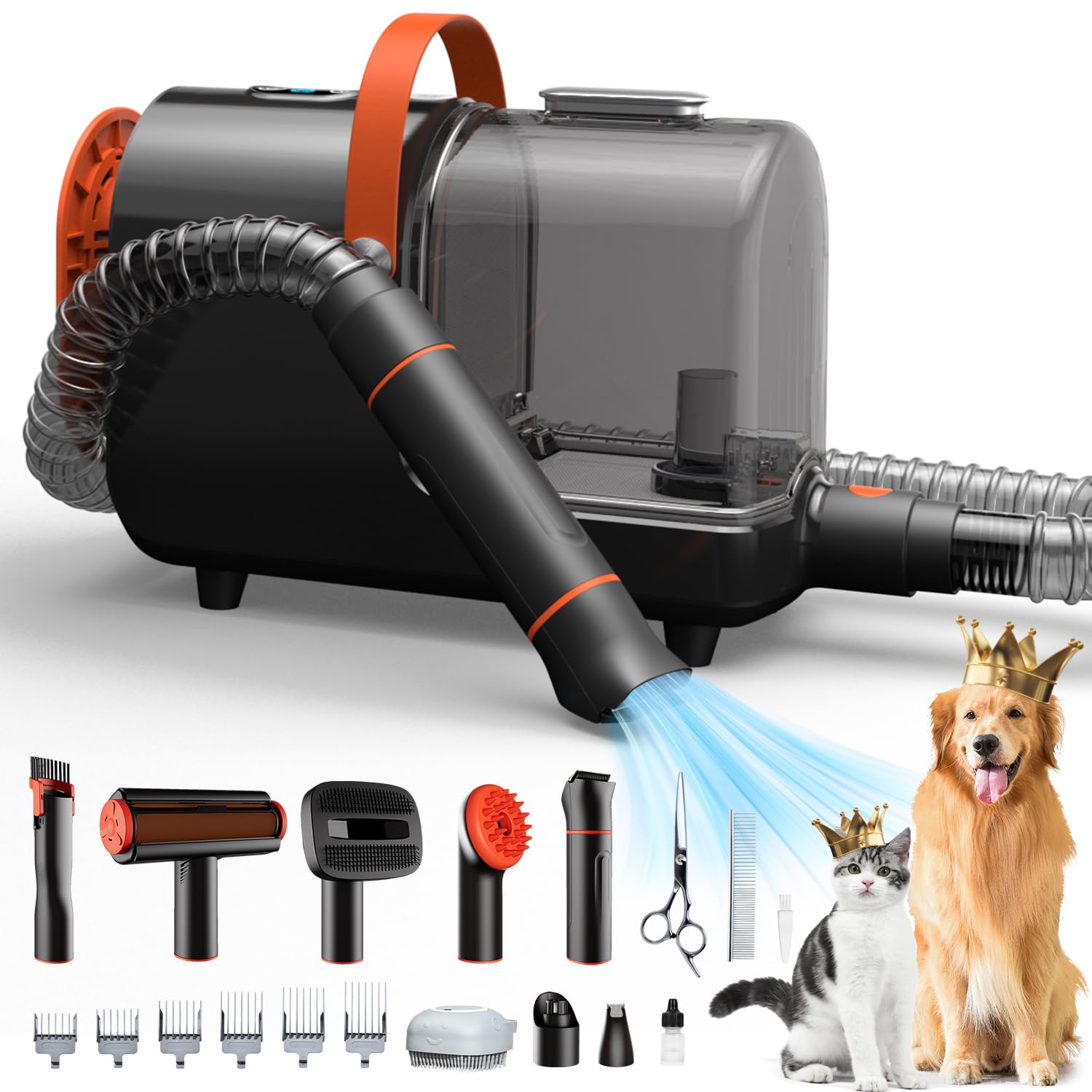 Bunfly Pet Hair Vacuum & Grooming Kit - 13,000KPa Powerful Suction, 99% Hair Removal for Dogs & Cats, 3.5L Large Capacity, 16-in-1 Grooming Tools, Home Cleaning (Black & Orange) - Perfect for Pet Owners & Allergy Sufferers