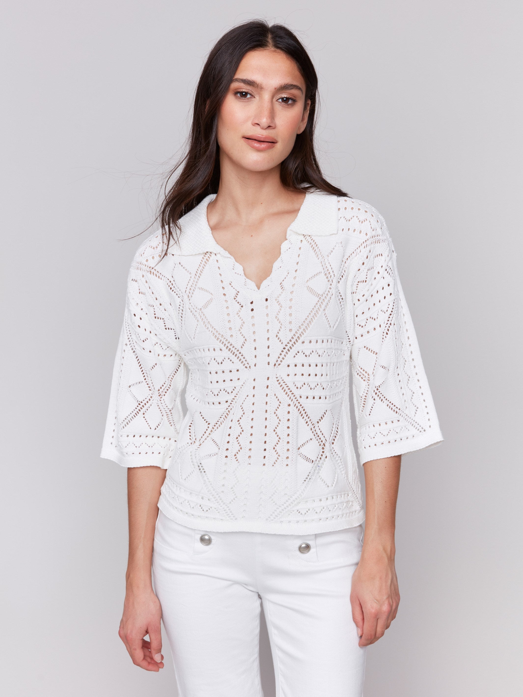 Johnny Collar Pointelle Sweater for Women - Soft Knit White Pullover - Perfect for Casual Outfits & Fall Layering